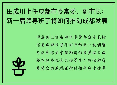 田成川上任成都市委常委、副市长：新一届领导班子将如何推动成都发展？