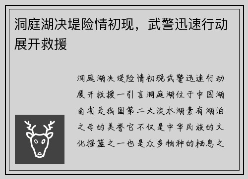 洞庭湖决堤险情初现，武警迅速行动展开救援