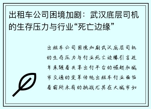 出租车公司困境加剧：武汉底层司机的生存压力与行业“死亡边缘”