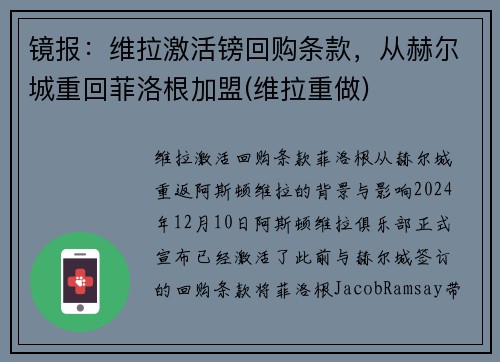 镜报：维拉激活镑回购条款，从赫尔城重回菲洛根加盟(维拉重做)