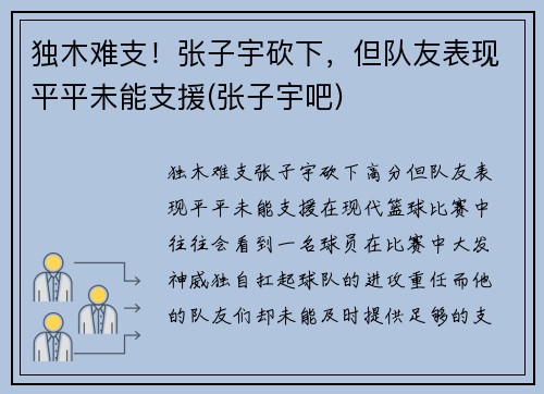 独木难支！张子宇砍下，但队友表现平平未能支援(张子宇吧)