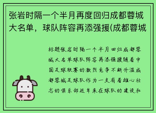 张岩时隔一个半月再度回归成都蓉城大名单，球队阵容再添强援(成都蓉城队比赛)